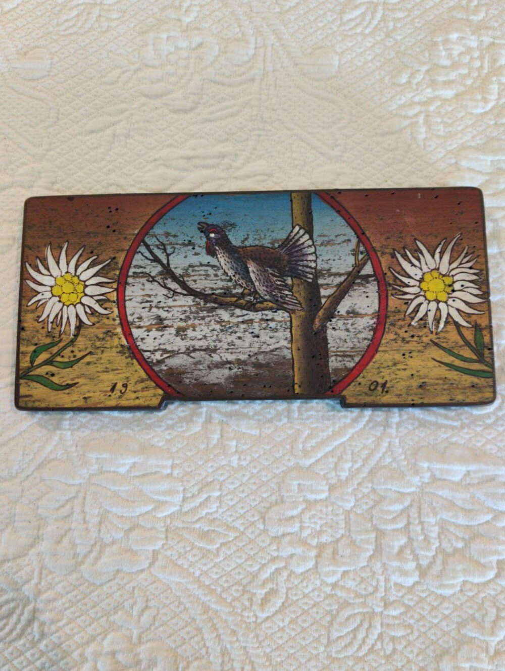 Vintage Slovenia Painted Beehive Front Panel  Of Wild Rooster Folk Art  19th Cen